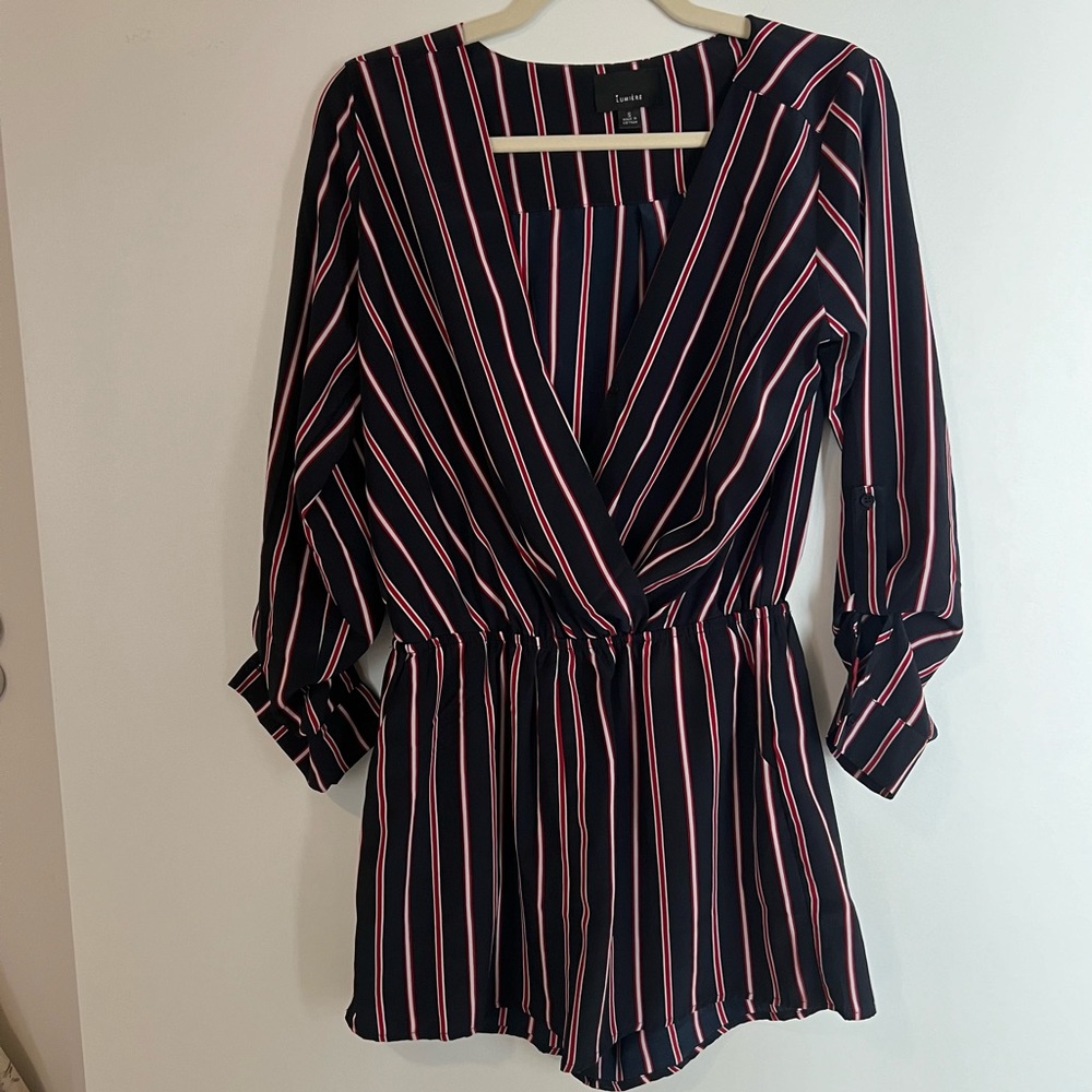 Lumiere Navy Blue Romper with Red and White Stripes